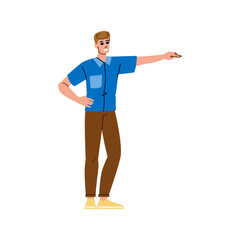 Young man pointing with index finger and smiling