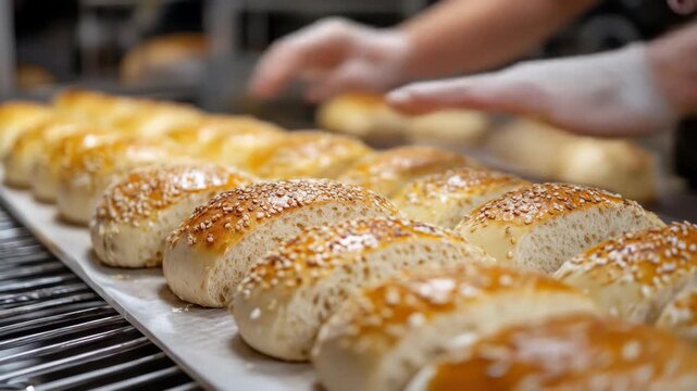 Hands in gloves arrange sesame seed buns on baking sheet