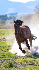 Obraz premium A brown horse galloping through a field