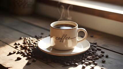 High Resolution Hot Coffee in White Ceramic Mug with Warm Golden Light
