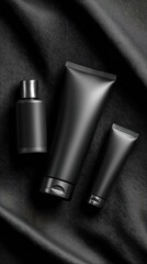 Dark cosmetic tubes & bottle on black fabric