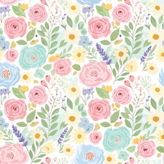Seamless Pattern, Pastel floral pattern with pink roses, blue and yellow daisies illustration Stock royalty free image.