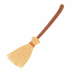 Cartoon witch broom doodle in flat hand drawn style, spooky and magical element for Halloween party, witchcraft designs, and festive decorations.