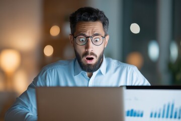 A surprised man stares at his laptop, expressing shock or disbelief in a dimly lit room filled with ambient light.