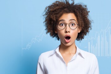 A surprised woman with curly hair and glasses expresses shock against a blue background with a financial graph.