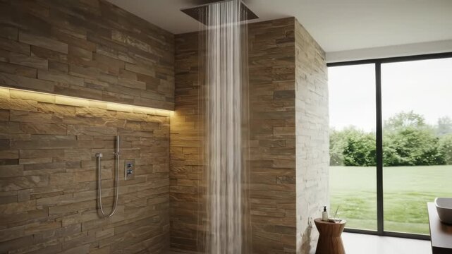 A modern bathroom features a stone-tiled shower with water flowing from a ceiling fixture. A large window reveals a green landscape