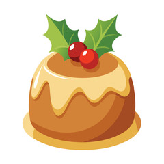 A christmas pudding dessert with cream topping and holly, a traditional and delicious icon for holiday feasts and treats.