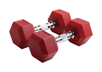 Weightlifting equipment red dumbbells home gym fitness, isolated on transparent background, png