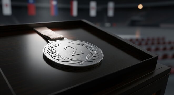 Second place silver medal with laurel wreath on a dark reflective surface