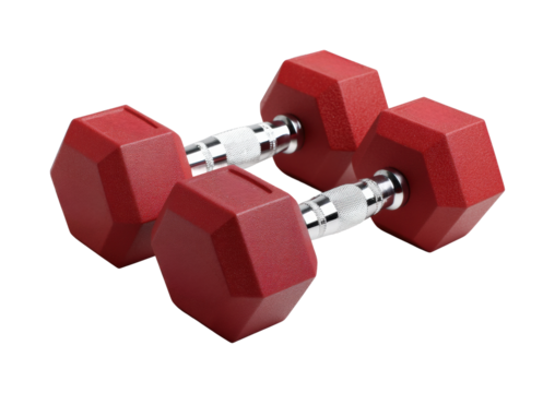 Weightlifting equipment red dumbbells home gym fitness, isolated on transparent background, png