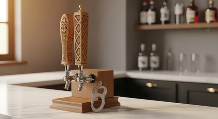 A wooden beer tap with intricate designs sits on a marble countertop. Behind it, a well-stocked bar with various bottles is visible in a cozy setting.