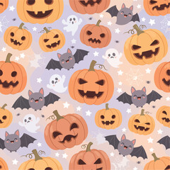 Seamless Pattern, Cute Halloween pattern with pumpkins, bats, and ghosts on colorful background Stock royalty free