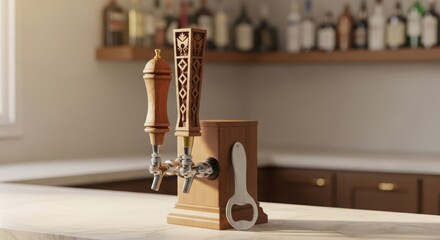 A wooden beer tap with intricate design sits on a marble bar counter. Behind it, a shelf displays various bottles of alcohol in a well-lit setting.