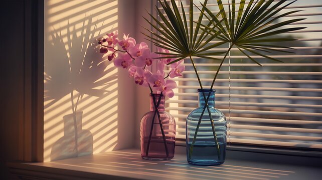 Two vases with flowers and palm leaves stand on a windowsill with blinds