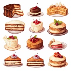 Delicious Assortment of Cakes with Various Toppings on Plates, Perfect for Celebrations