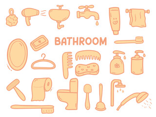 Set of icons with Bathroom Appliances theme. With doodle style. For layout, website, graphic design.	