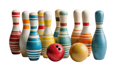 Bowling game action with vintage pins and balls in cozy alley, isolated on transparent background, png