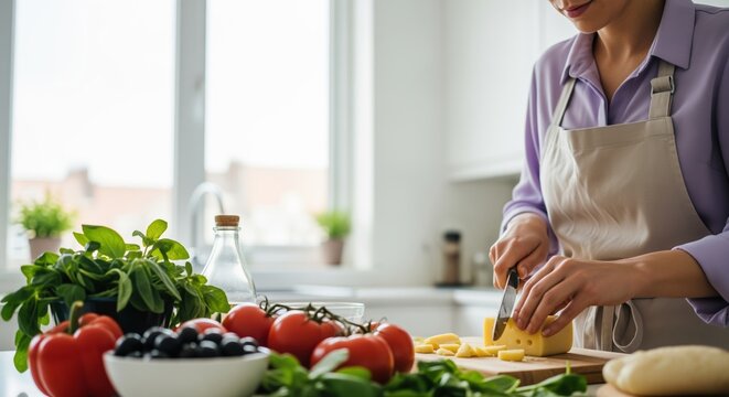 Woman in a bright modern kitchen preparing a meal, slicing fresh cheese on a wooden board - Powered by Adobe