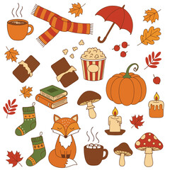 Cozy Autumn Elements Collection with Fox and Warm Drinks.