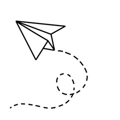 Paper Airplane Soaring: Hand-Drawn Flight Illustration with Dotted Line Trajectory on White Background sticker style