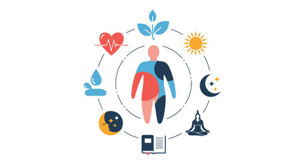A holistic approach to human well-being, integrating physical health, mental balance, nutrition, and rest for a balanced life.