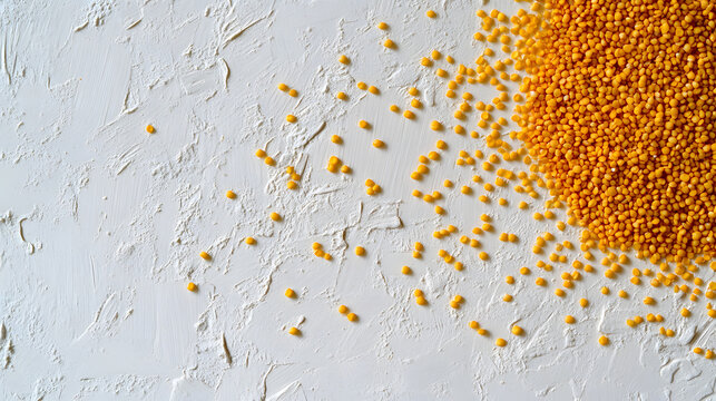 A scattering of bright yellow millet grains on a textured white surface, creating a striking contrast with the simplicity of the background.