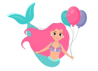 Mermaid Holding Birthday Balloons Vector Illustration
