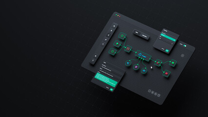 AI workflow automation artificial intelligence software interface nodes triggers data tool dashboard coding icon flow process technology 3d rendering.