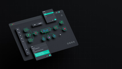 AI workflow automation artificial intelligence software interface nodes triggers data tool dashboard coding icon flow process technology 3d rendering.