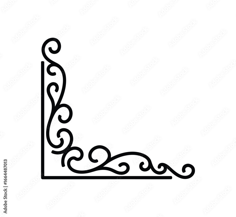 Poster black decorative corner ornament element with swirl and curve design for graphic art project. vector