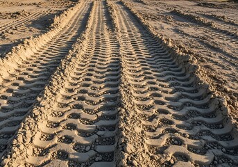 Bold trails etched deeply in the sandy terrain showcase the power of machinery and vehicles used in off road and