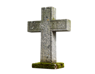  Ancient Stone Cross Monument with Moss Details, Angled Side View, Isolated on White