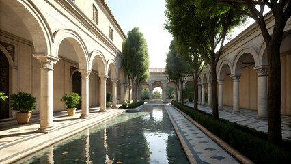 Stunning courtyard with serene reflecting pool framed by elegant arches and lush greenery for peaceful retreat