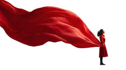 Girl in red dress with flowing fabric portrait minimalist, isolated on transparent background, png