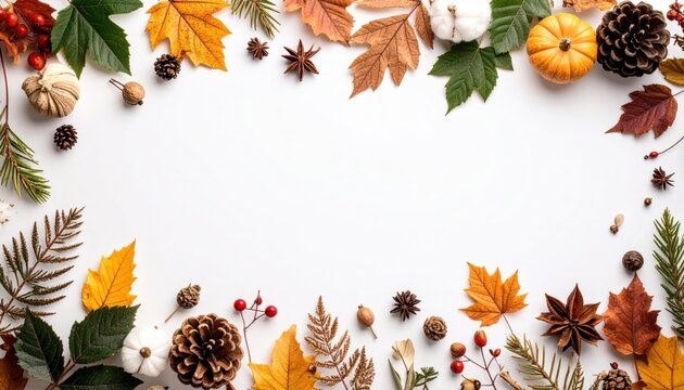 Autumn leaves decor nature setting decorative elements seasonal arrangement top-down view fall aesthetic for home decor - Powered by Adobe