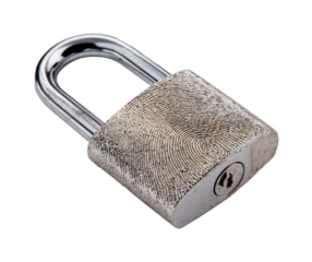 Security action locking a fingerprint padlock in urban, isolated on transparent background, png