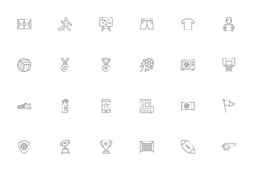 Football_5314 icon set. Sports vector illustrations. Includes symbols for football field, referee, trophy, medal, volleyball, american football, goal box, boots and more. Editable stroke design.