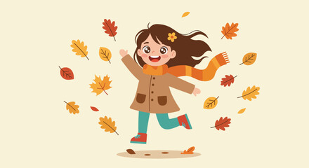 Happy Girl Playing in Autumn Leaves.