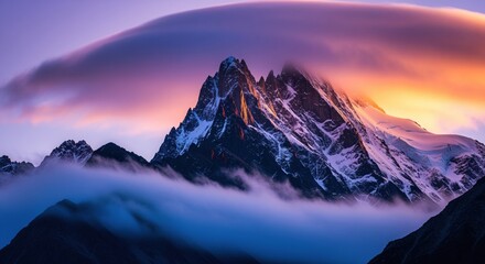 Majestic snow capped mountain peak shrouded in swirling mist and lenticular cloud at sunset