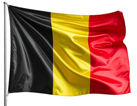 Belgium Flag in Silk Fabric Texture, Diagonally Draped, Isolated on Transparent Background