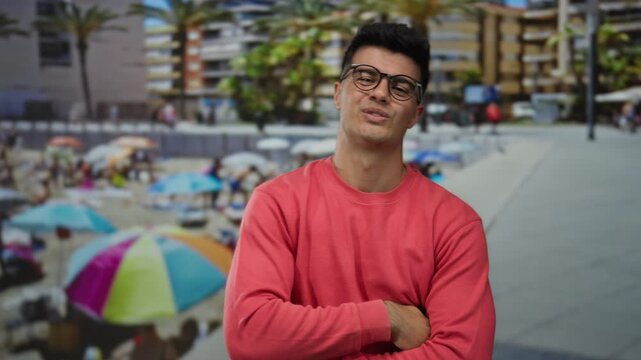 Young man in glasses smiling at seaside with vibrant beach background and palm trees, wearing a red sweater, embodying cheerful vibe outdoors.