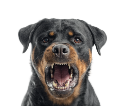 Aggressive rottweiler dog portrait animal, isolated on transparent background, png