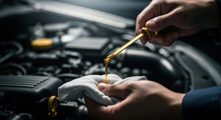 Mechanic checking engine oil level with dipstick during car maintenance service