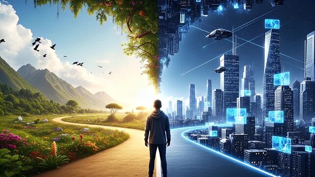 A person at a crossroads choosing between a path to a natural green landscape and a futuristic digital city.