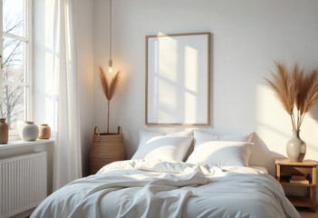 Neutral Toned Bedroom With A Large Framed Canvas Over A Bed