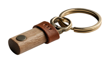 Handcrafted wooden keychain accessory product minimalist, isolated on transparent background, png
