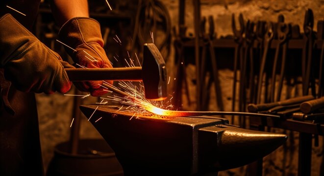 Blacksmith hammering glowing hot metal on anvil in a traditional forge with sparks flying