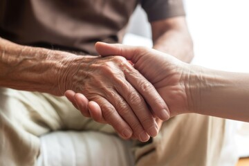 Closeup of two hands clasped together, showing care and connection between generations