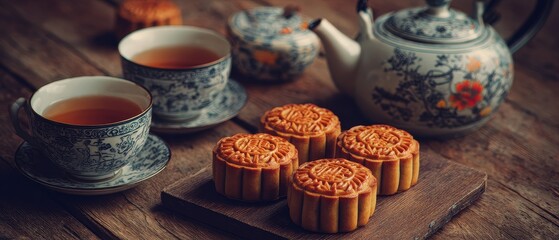 Mid autumn festival celebration with mooncakes and chinese tea set lantern festival atmosphere asian culture experience