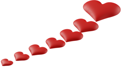 Several perfectly crafted red fabric hearts, varying in size with visible stitching, arranged in an upward diagonal flow on a transparent background with soft studio light. Corporate growth concept